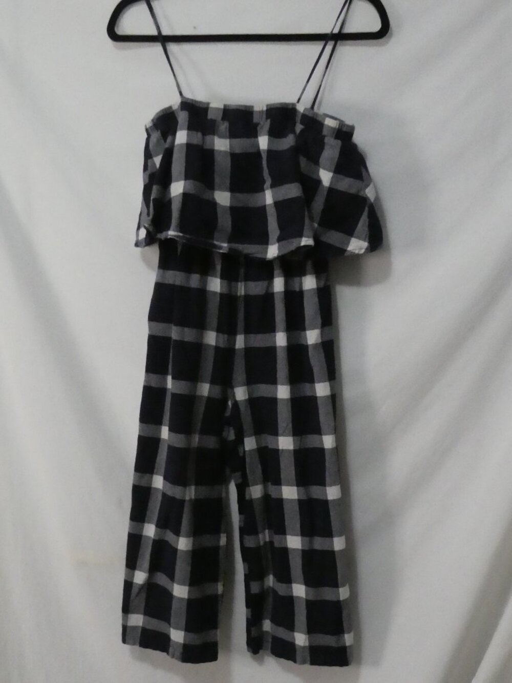 MANGO Casual Plaid Off-The-Shoulder Ruffle Jumpsuit Navy Blue White - size 8